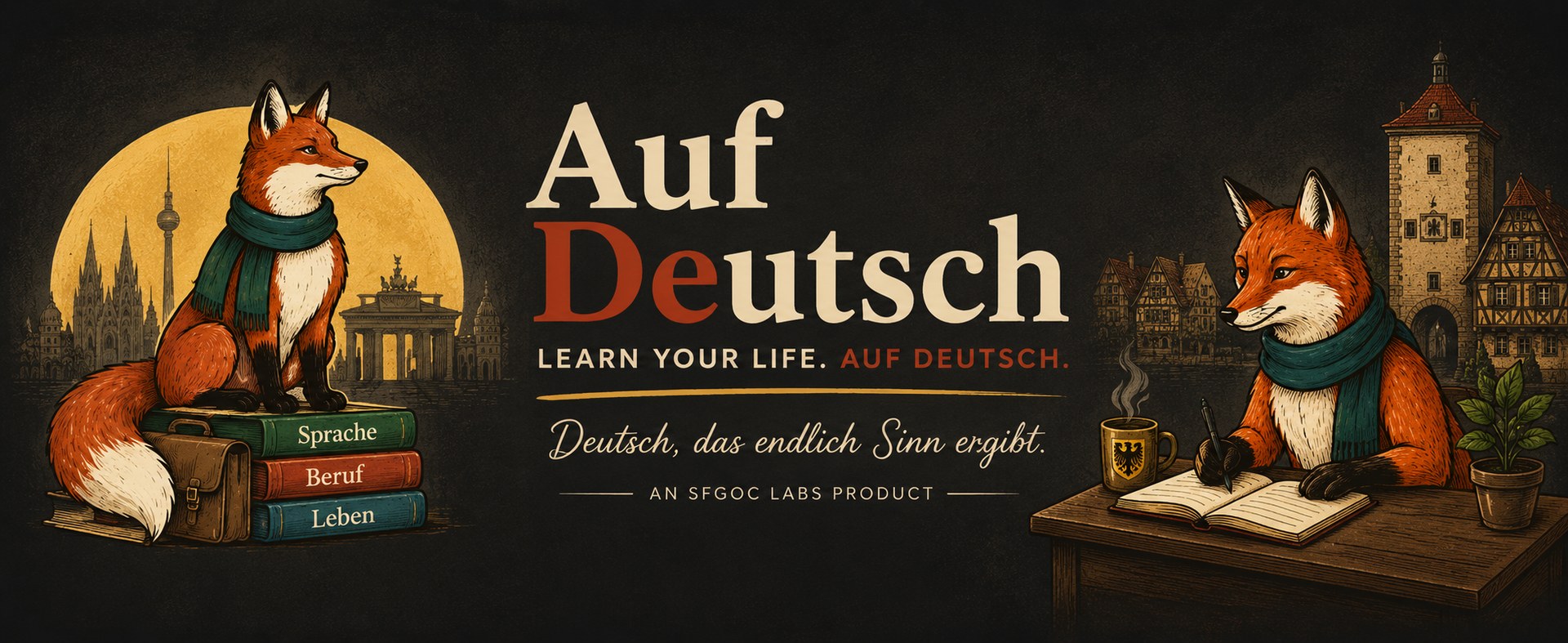 Auf Deutsch — two illustrated foxes in teal scarves: one seated on books labelled Sprache, Beruf and Leben before a mustard sun and Berlin skyline, one writing at a desk in an old town, with the Auf Deutsch wordmark and the tagline Learn your life. Auf Deutsch.