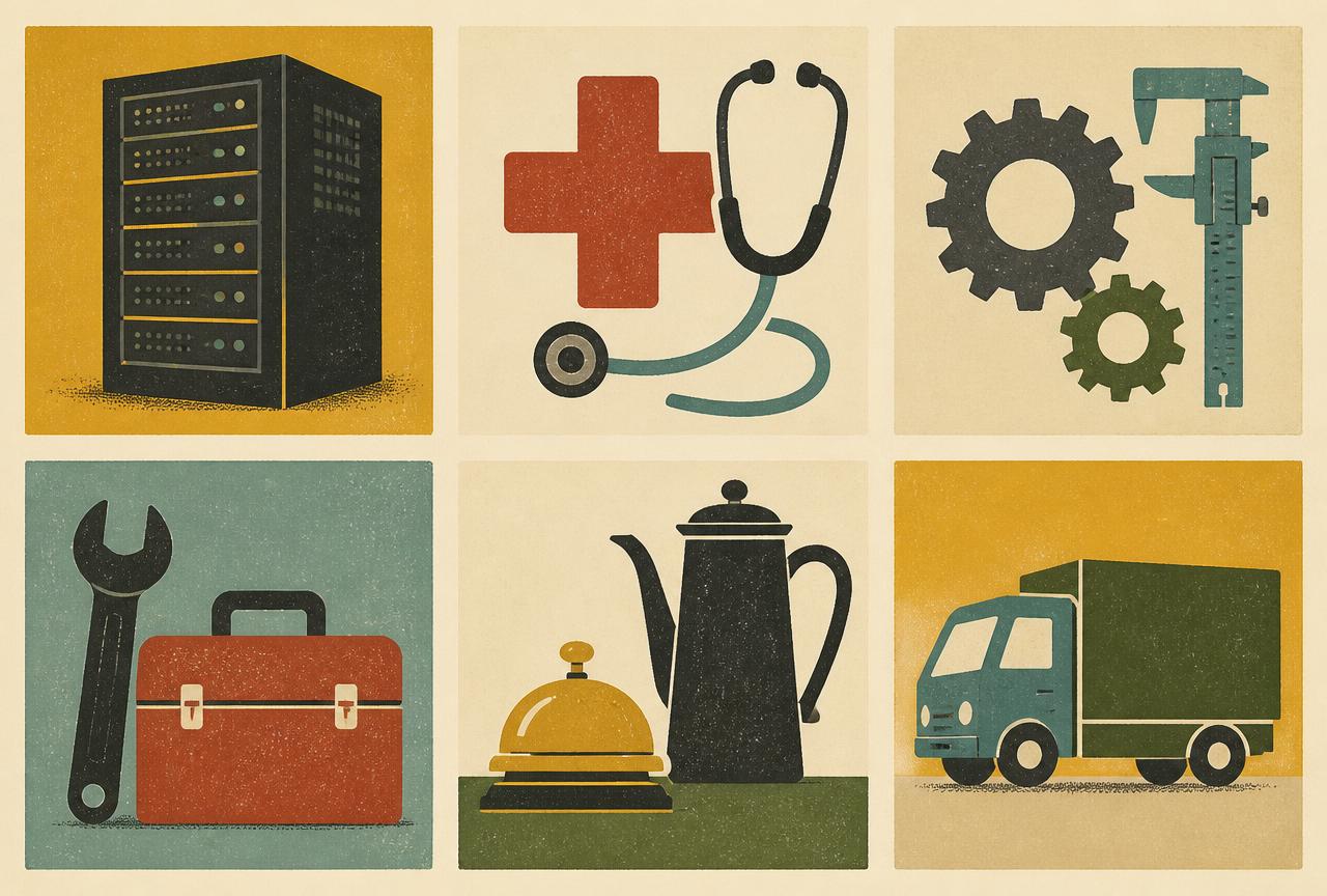 Illustrated icons representing IT, healthcare, engineering, skilled trades, hospitality and logistics